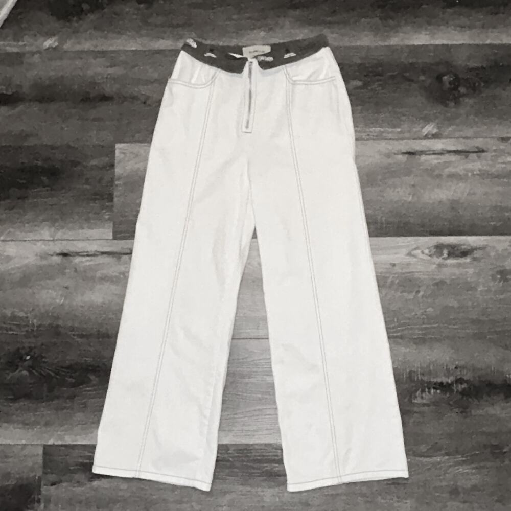 No One Else White Wide Leg Zip Front Jeans Contrast Waist High Rise Size 27 Long